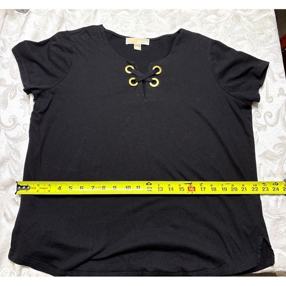 Michael Kors Tops - Michael Kors Black Lace Up Grommet Short Sleeve Top XL Gold Hardware Logo Plaque